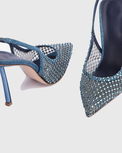 Vivia Rhinestone Denim Slingback Pumps In Blue