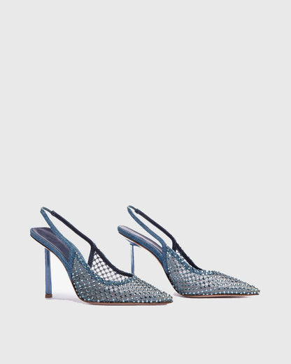 Vivia Rhinestone Denim Slingback Pumps In Blue