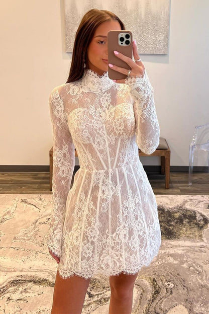 White Lace A-Line Homecoming Dress with High Neck and Long Sleeves