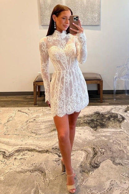 White Lace A-Line Homecoming Dress with High Neck and Long Sleeves