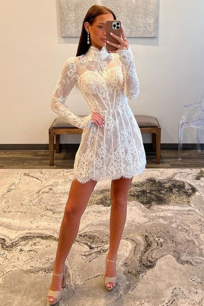 White Lace A-Line Homecoming Dress with High Neck and Long Sleeves