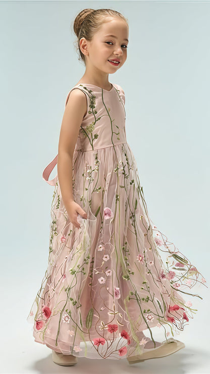 White V-neck Floral Flower Girls Dresses,AST1649