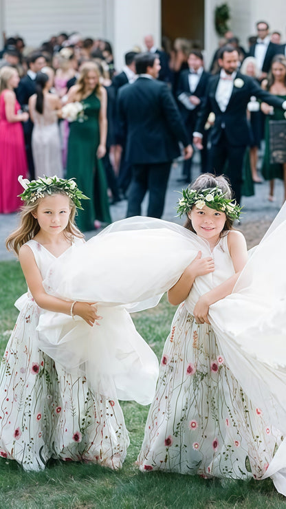 White V-neck Floral Flower Girls Dresses,AST1649