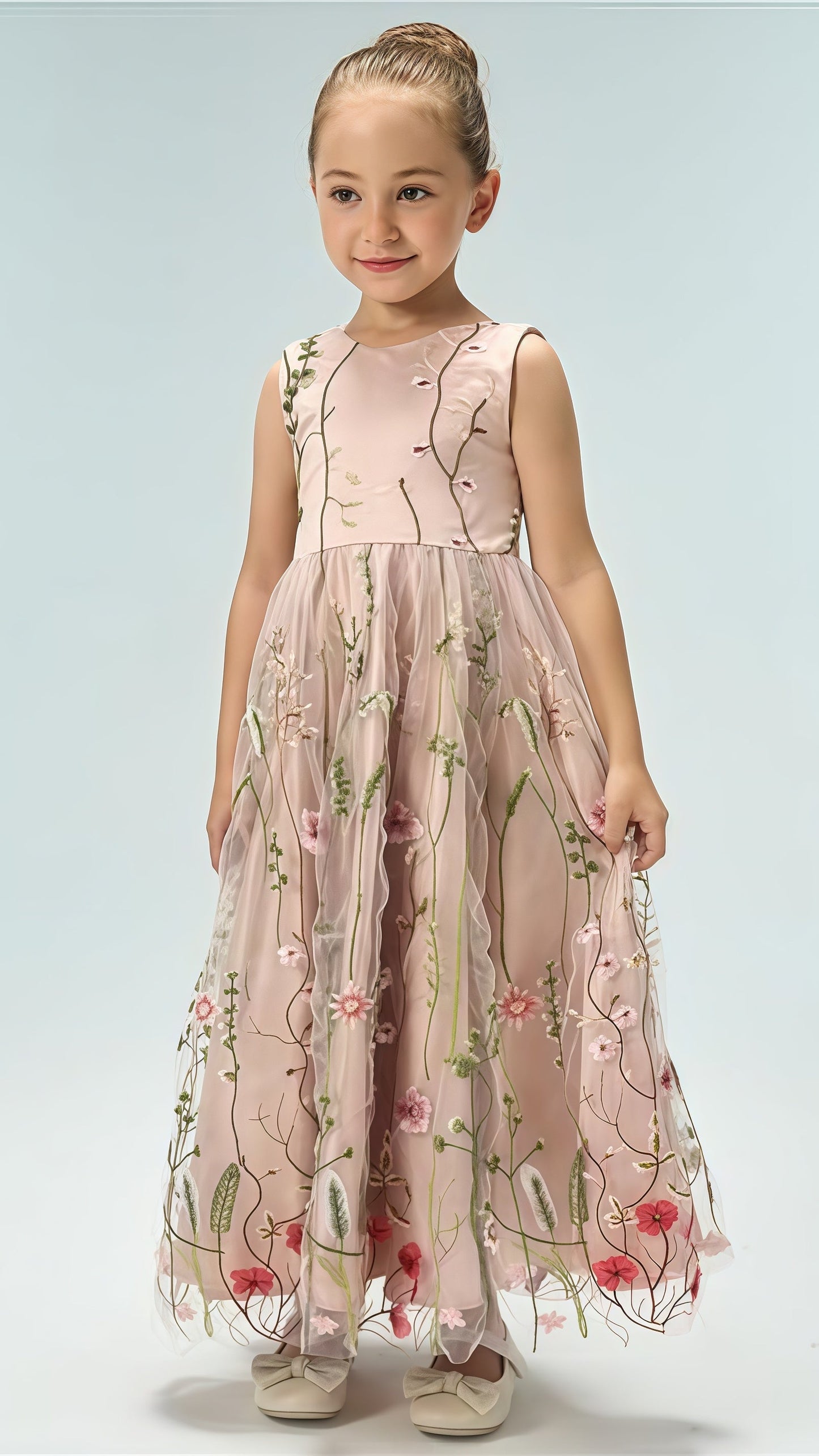 White V-neck Floral Flower Girls Dresses,AST1649