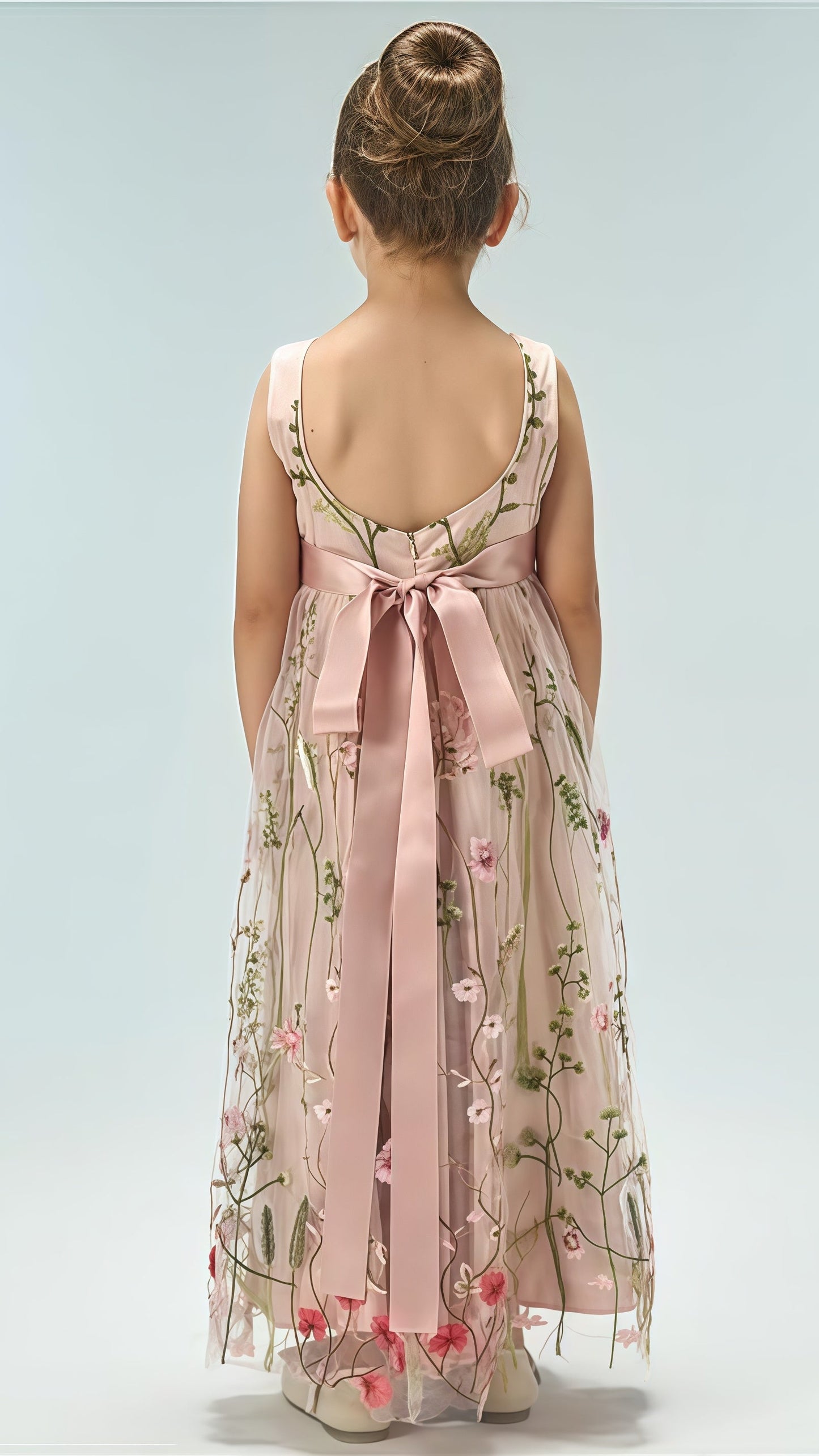 White V-neck Floral Flower Girls Dresses,AST1649