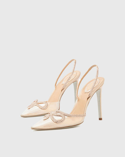 Xuxa Rhinestone Snake PVC Slingback Pumps In Apricot
