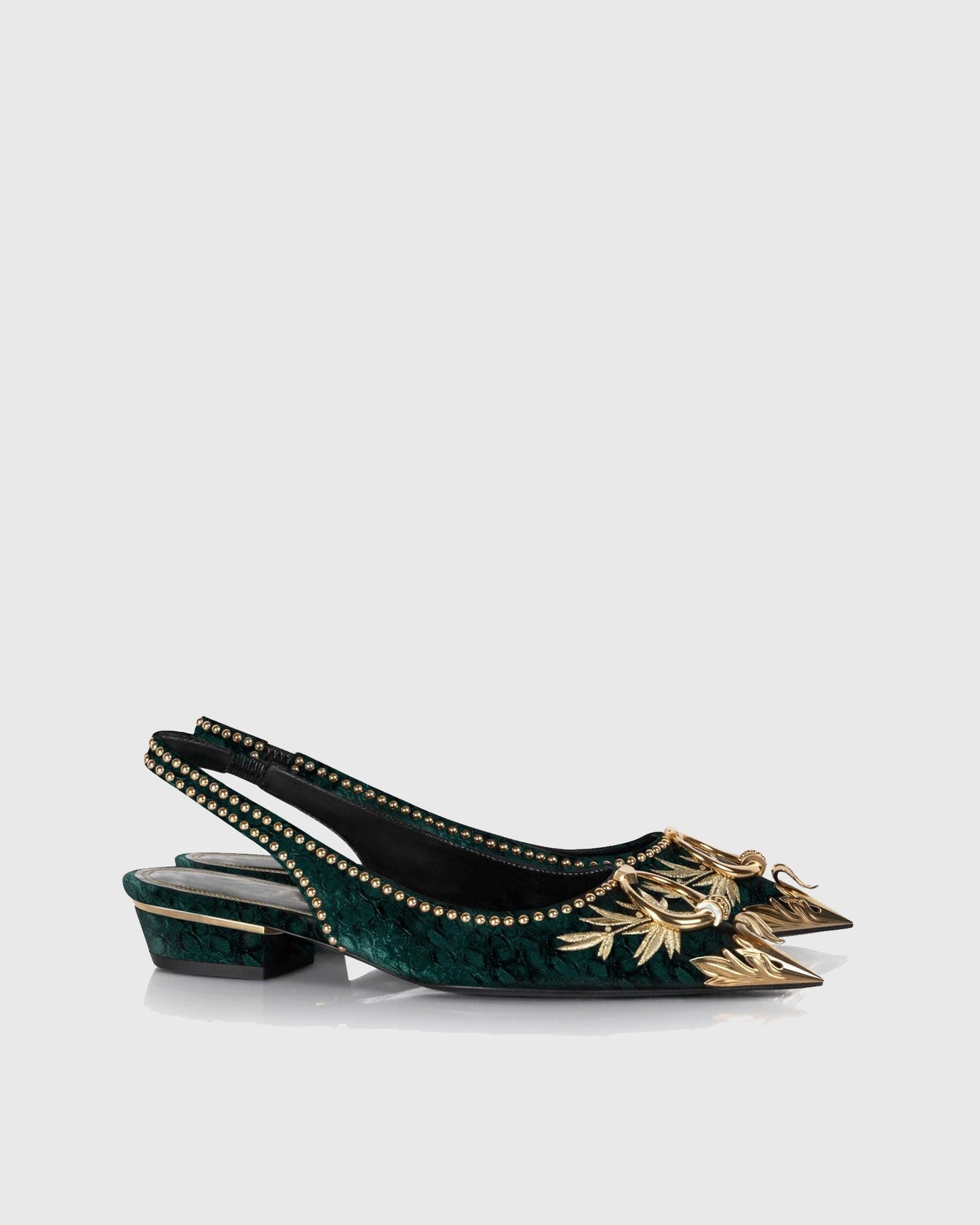 Yaiza Metal Studs Embroidery Slingback Flats In Emerald