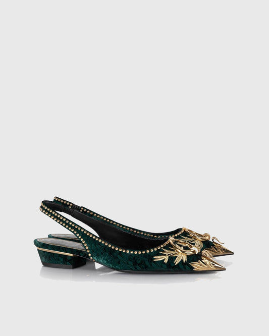 Yaiza Metal Studs Embroidery Slingback Flats In Emerald