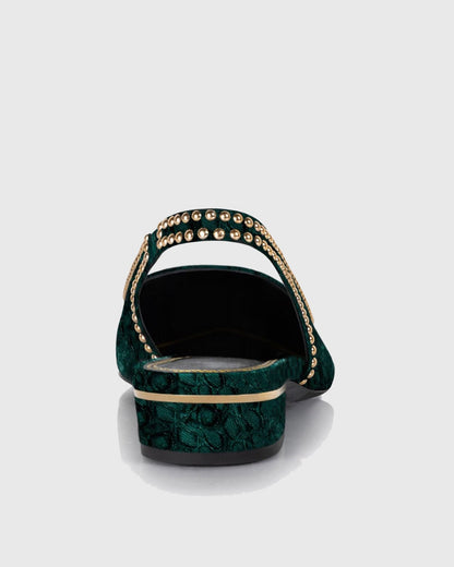 Yaiza Metal Studs Embroidery Slingback Flats In Emerald