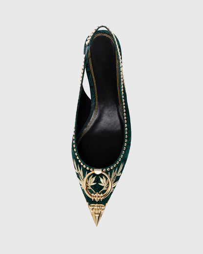 Yaiza Metal Studs Embroidery Slingback Flats In Emerald