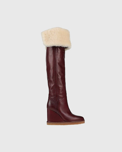Yankee Fold Faux Fur Wedge Over The knee Boots In Red
