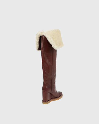 Yankee Fold Faux Fur Wedge Over The knee Boots In Red