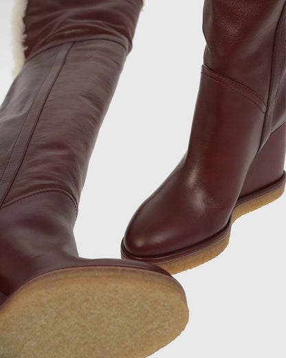 Yankee Fold Faux Fur Wedge Over The knee Boots In Red