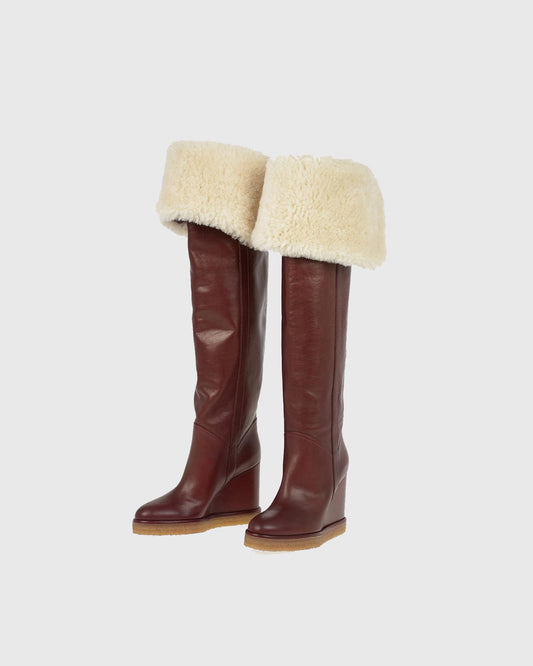 Yankee Fold Faux Fur Wedge Over The knee Boots In Red