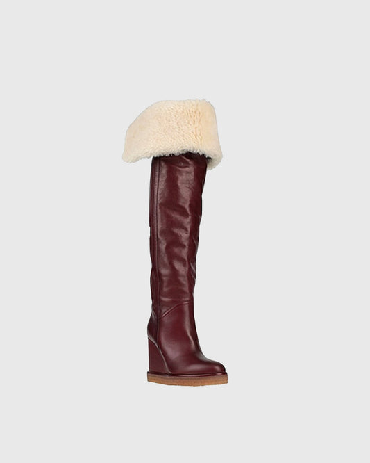 Yankee Fold Faux Fur Wedge Over The knee Boots In Red