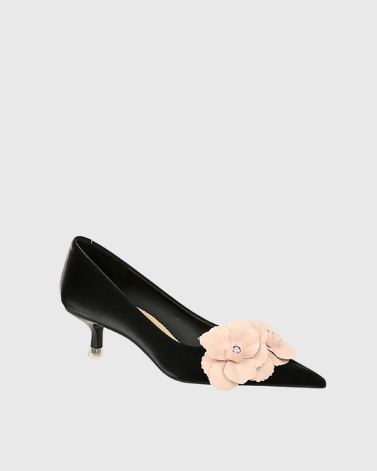 Yasmin Twin Flower Kitten Heels In Black