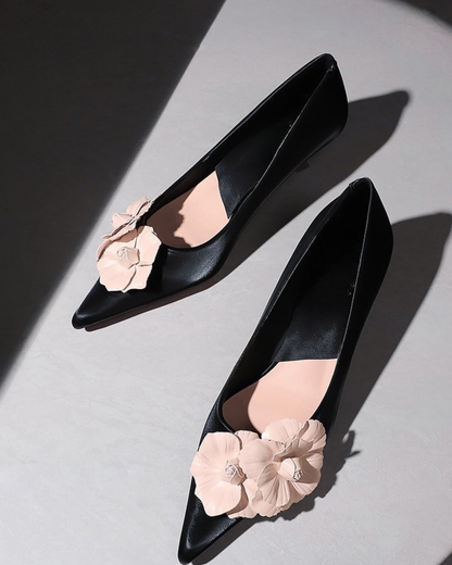 Yasmin Twin Flower Kitten Heels In Black