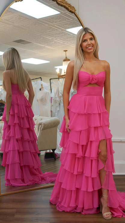 Fuchsia Sweetheart Chiffon Ruffle Prom Dresses With Appliques
