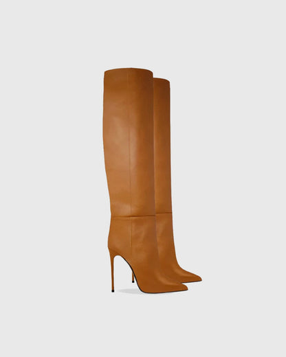 Yesenia Splicing Leather Knee High Boots In Brown