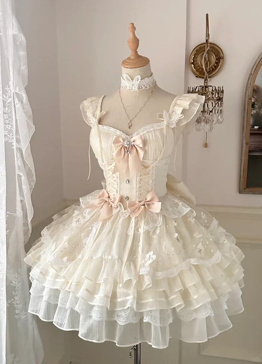 Vintage Beige Sweetheart Bow Lace-up Design A-line Tulle Tiered Party Dress Homecoming Dress TP4050