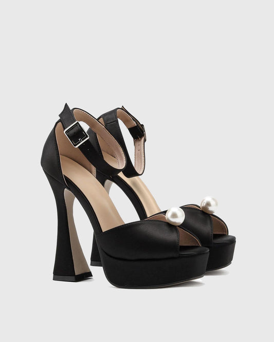 Liviana Pearl Satin Strap Platform Sandals In Black