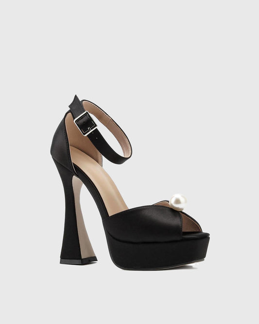 Liviana Pearl Satin Strap Platform Sandals In Black