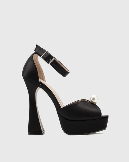 Liviana Pearl Satin Strap Platform Sandals In Black