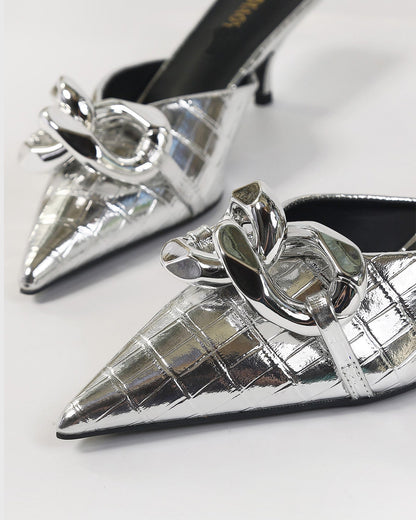 Zaria Chain Crocodile Texture Mules In Silver