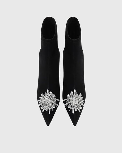 Zane Rhinestone Sunflower Velvet Ankle Boots
