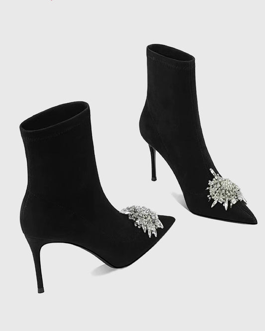 Zane Rhinestone Sunflower Velvet Ankle Boots