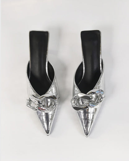 Zaria Chain Crocodile Texture Mules In Silver