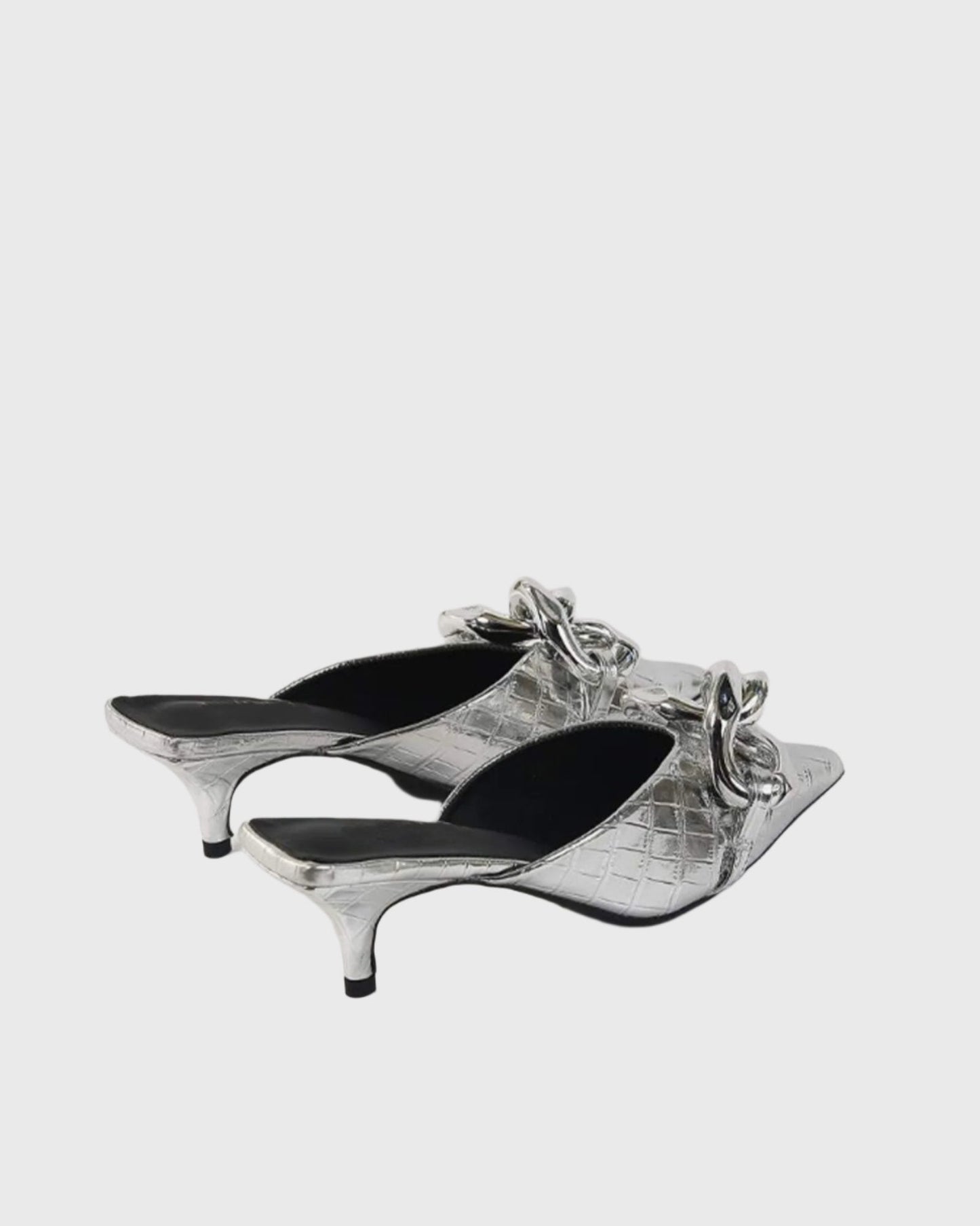 Zaria Chain Crocodile Texture Mules In Silver