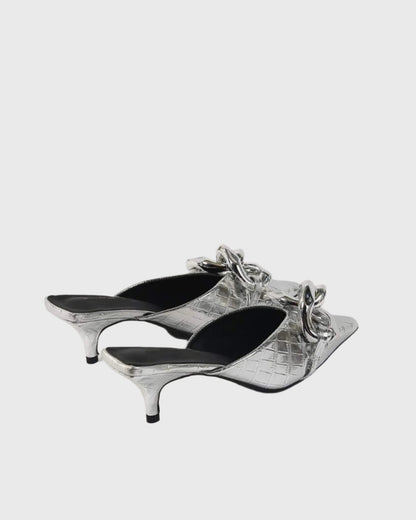 Zaria Chain Crocodile Texture Mules In Silver
