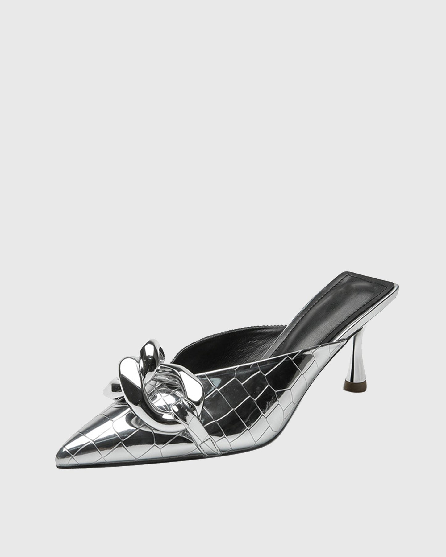 Zaria Chain Crocodile Texture Mules In Silver