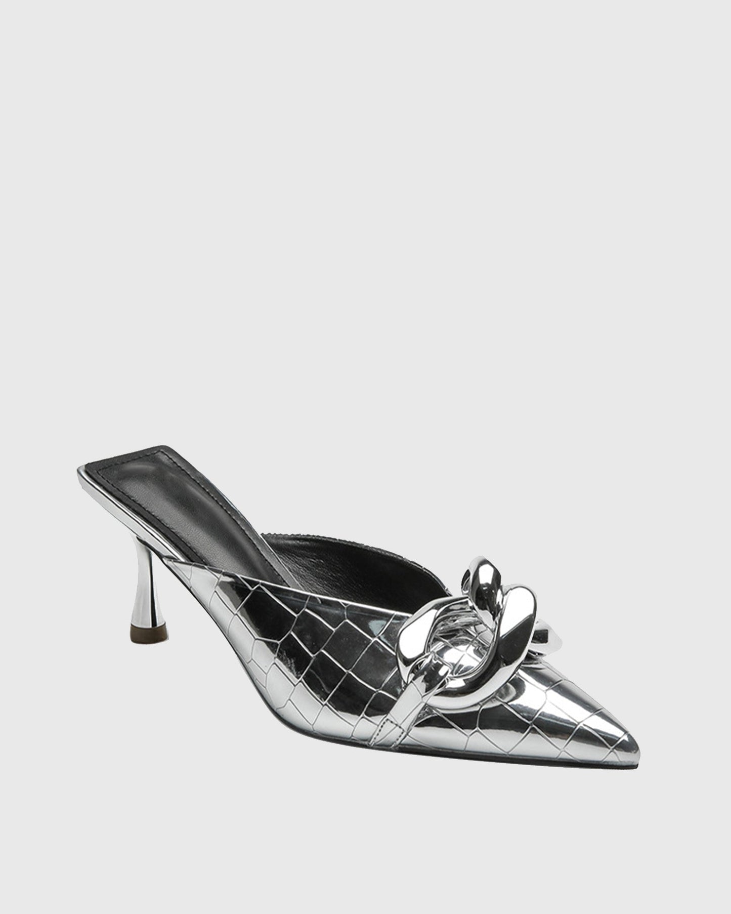 Zaria Chain Crocodile Texture Mules In Silver