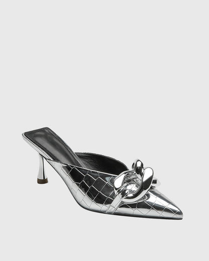 Zaria Chain Crocodile Texture Mules In Silver