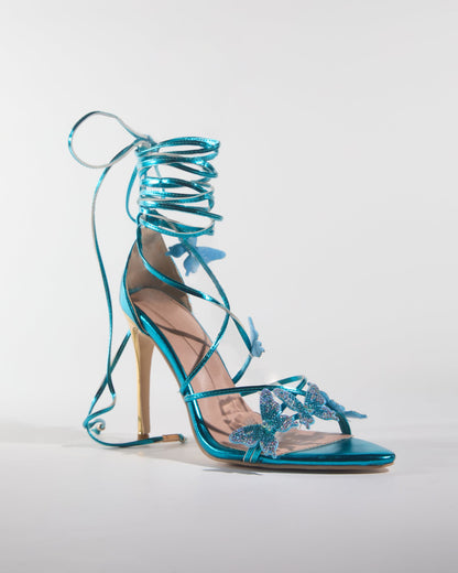 Zarita Crystal Butterfly Lace Up Sandals In Blue