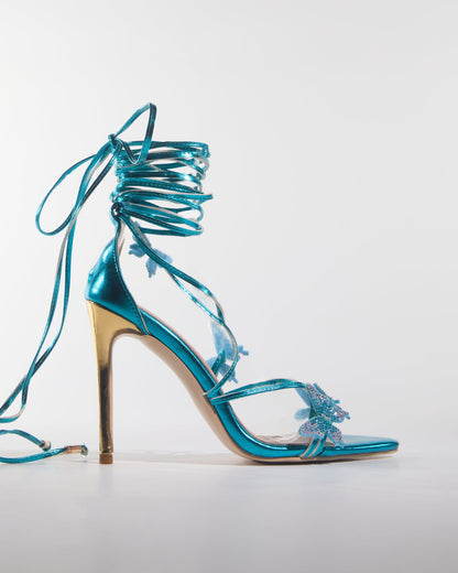 Zarita Crystal Butterfly Lace Up Sandals In Blue