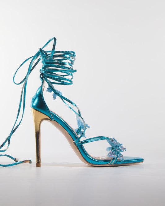 Zarita Crystal Butterfly Lace Up Sandals In Blue