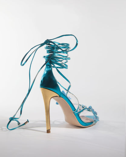 Zarita Crystal Butterfly Lace Up Sandals In Blue