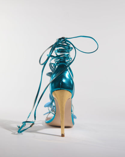 Zarita Crystal Butterfly Lace Up Sandals In Blue