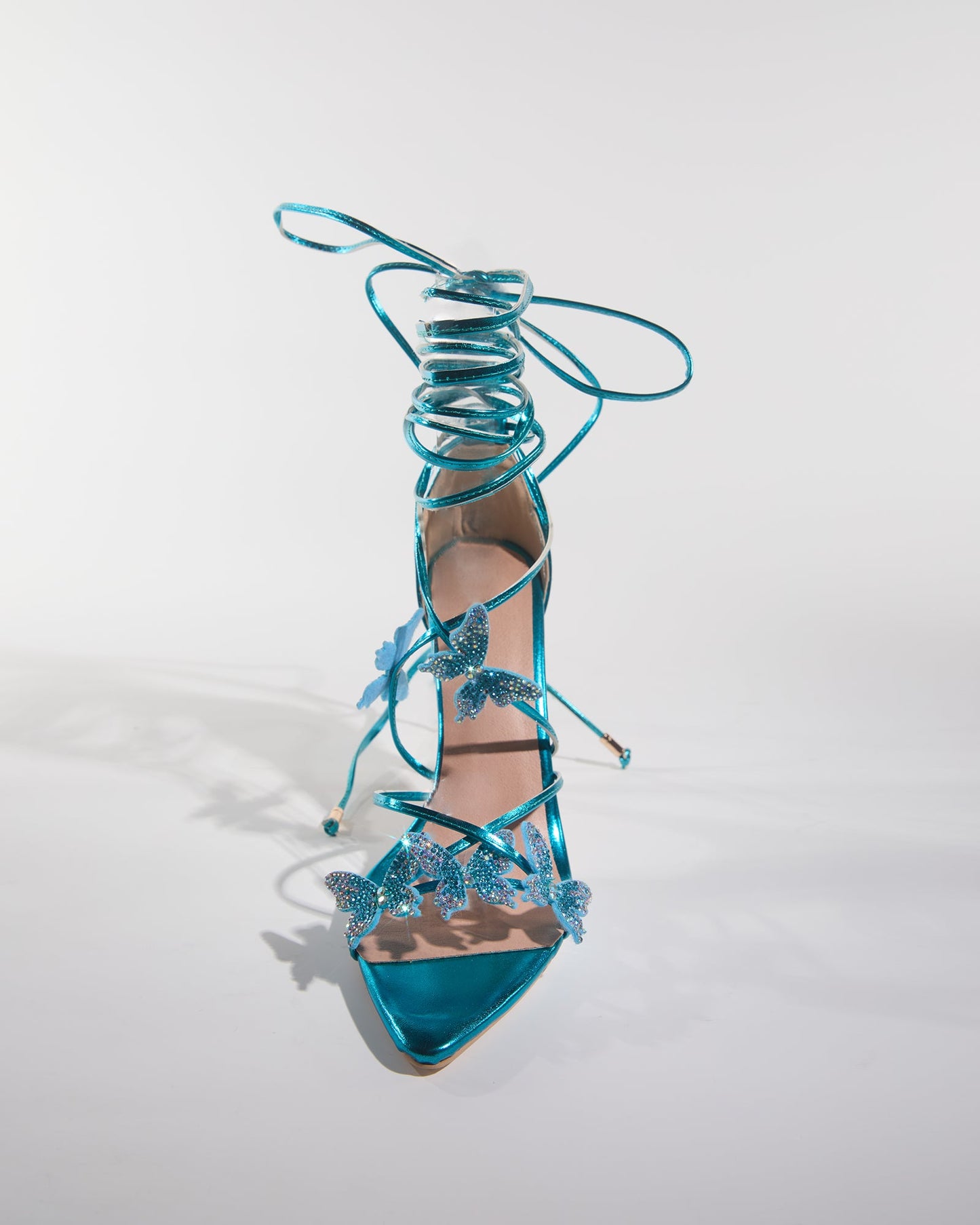 Zarita Crystal Butterfly Lace Up Sandals In Blue