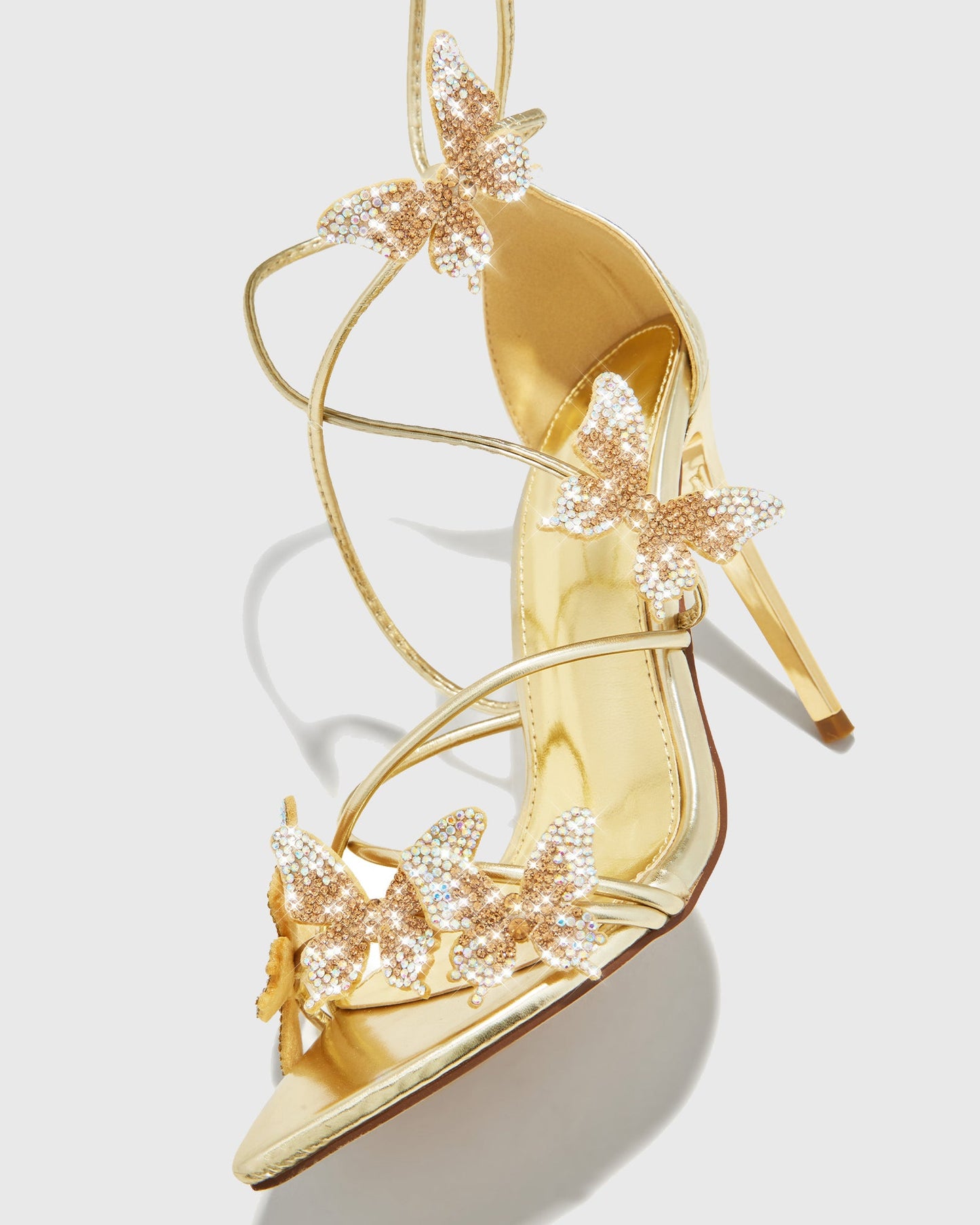 Zarita Crystal Butterfly Lace Up Sandals In Gold