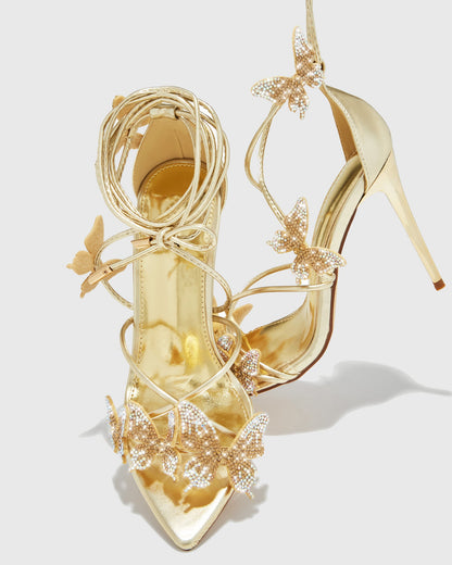 Zarita Crystal Butterfly Lace Up Sandals In Gold