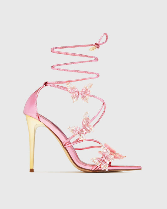 Zarita Crystal Butterfly Lace Up Sandals In Pink