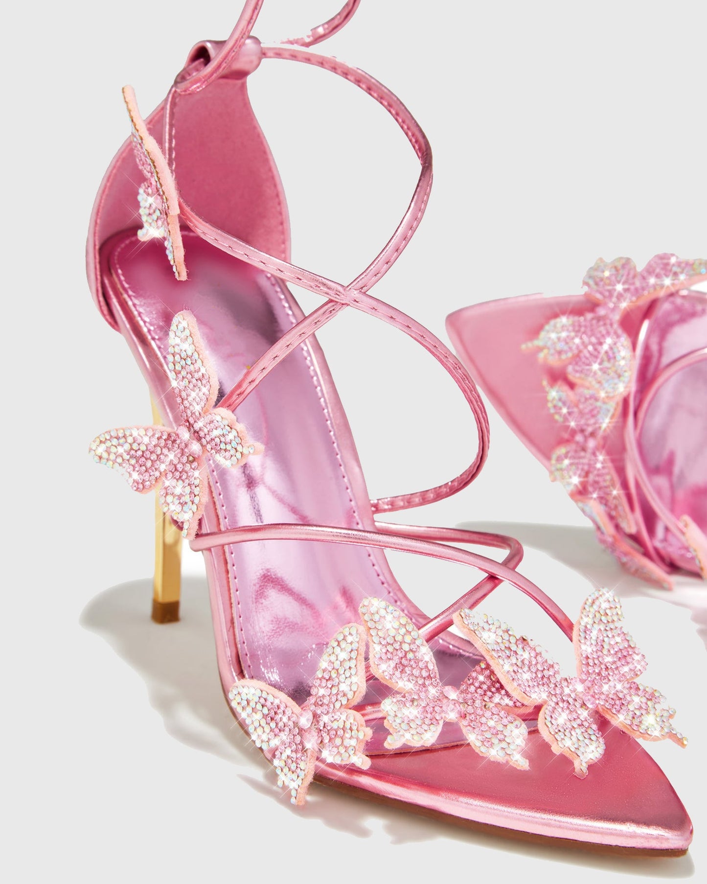 Zarita Crystal Butterfly Lace Up Sandals In Pink