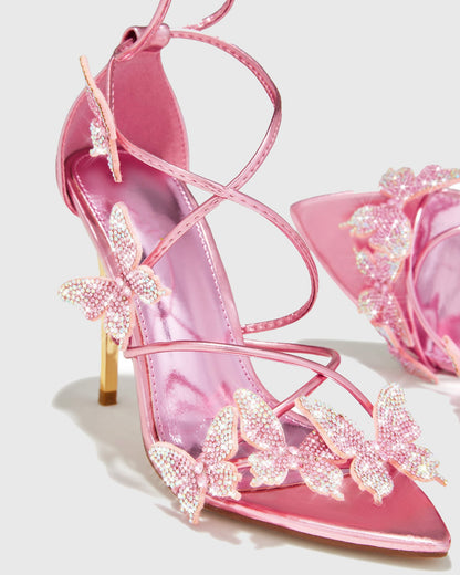 Zarita Crystal Butterfly Lace Up Sandals In Pink