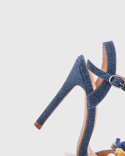 Zaryn Pearl Flowers Denim Sandals In Blue