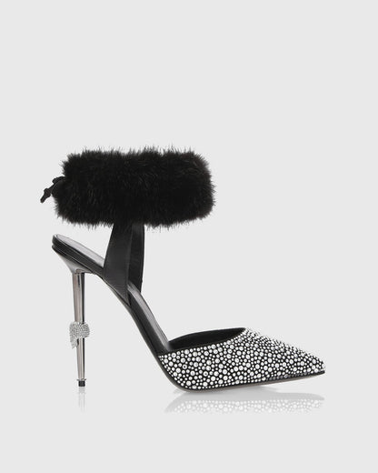 Zoe Rhinestone Faux Fur Strap Pumps