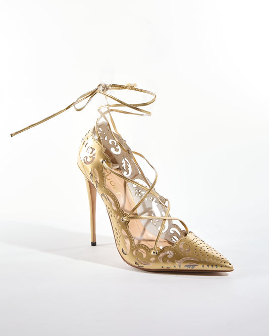 Ariya Cutout Pattern Lace Up Pumps In Gold